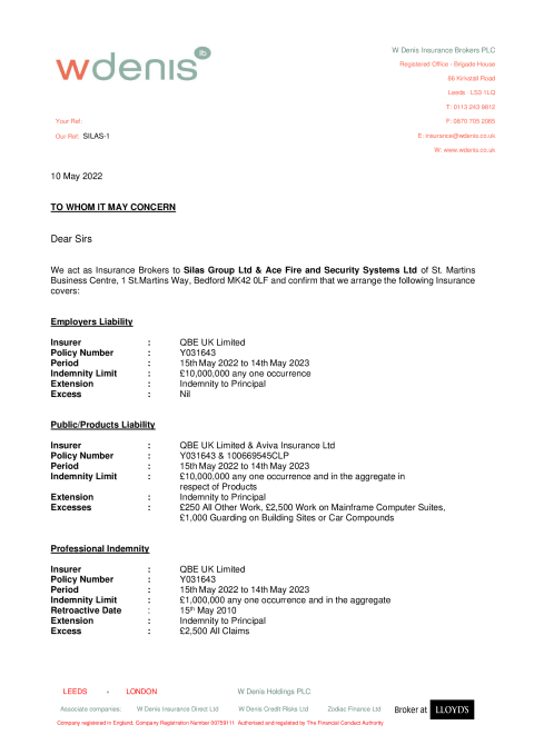 Insurance Indemnity Certificate